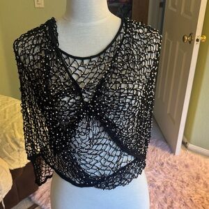Black Handmade Beaded Mesh Shawl